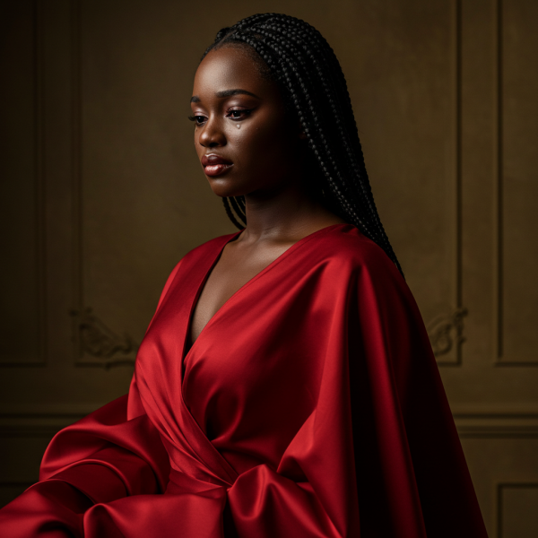 A pretty black woman in a red dress with a sad face #2