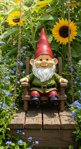 A cheerful garden gnome sitting on a wooden porch with flowers around it