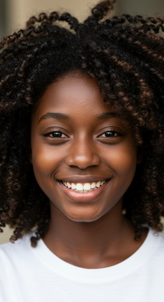 Close-up portrait of a smiling African teenage girl with natural hair
