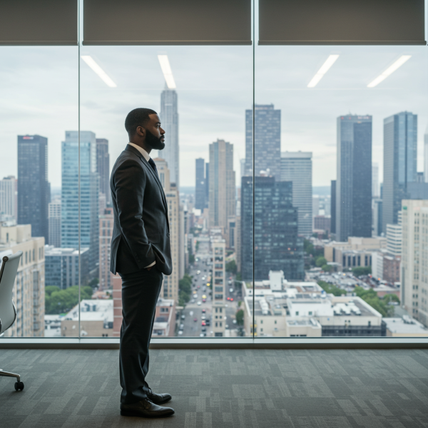 Side view of a black business man standing in his office looking down his window