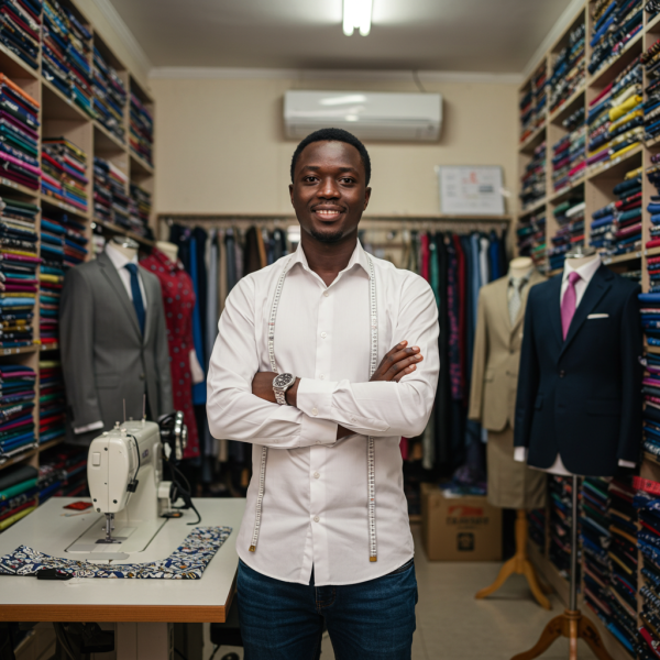 A nice young African man standing in his tailoring shop with his arms folded and smiling