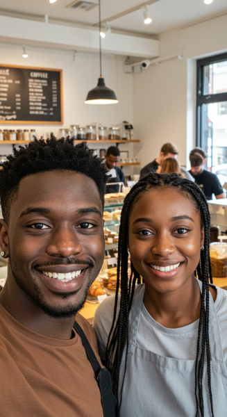 A close-up of a young black man and woman working in a coffee shop and smiling