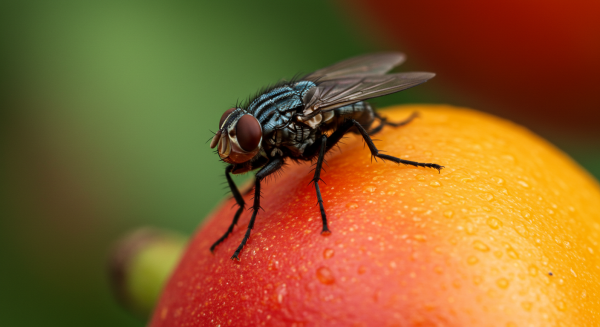 A housefly on a mango fruit