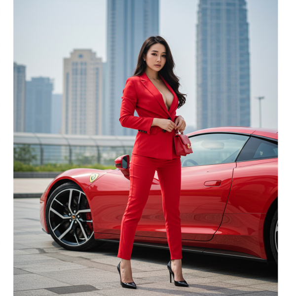 A sexy Asian model in a red suit standing by her red car #4