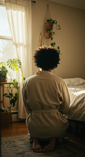 back view of a black person on their knees praying in their room #1