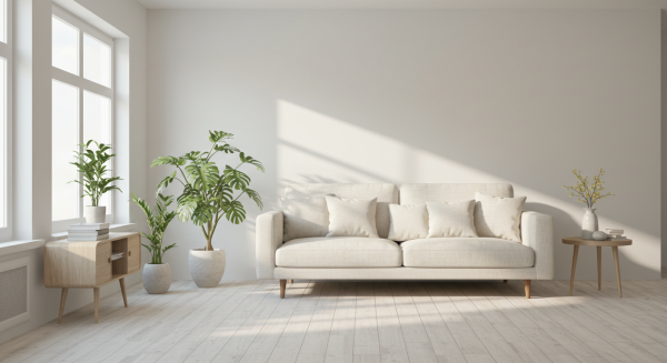 Minimalist Scandinavian living room with natural sunlight, indoor plants, and cozy furniture #1