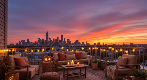 Balcony with outdoor seating, string lights, and city skyline view at sunset #1