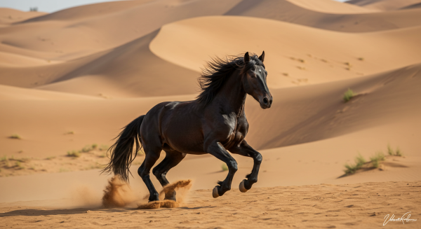 A powerful black stallion running across a desert #1