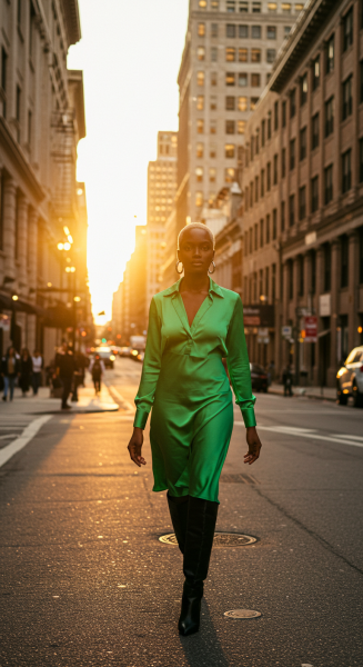 Confident woman walking on city street in high fashion outfit, golden hour lighting