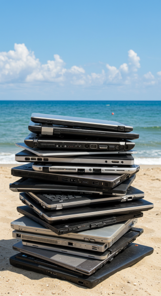 A stack of laptops at the beach