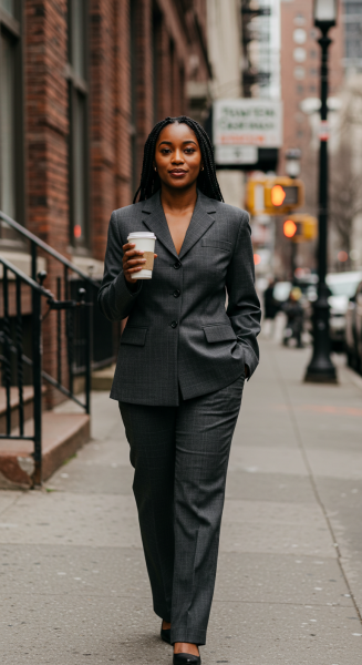 A black lady dressed in a suit walking on the street with a cup of coffee
