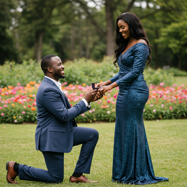 A handsome African man proposing to a beautiful African woman