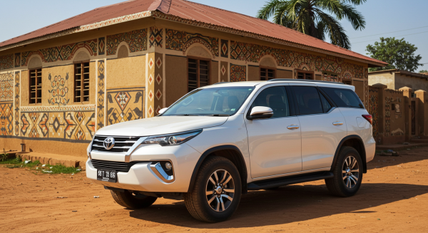 A new white Toyota SUV parked in front a house in Africa #5