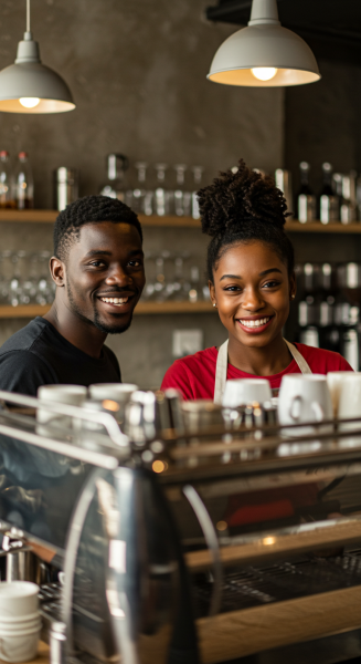 A close-up of a young black man and woman working in a coffee shop and smiling