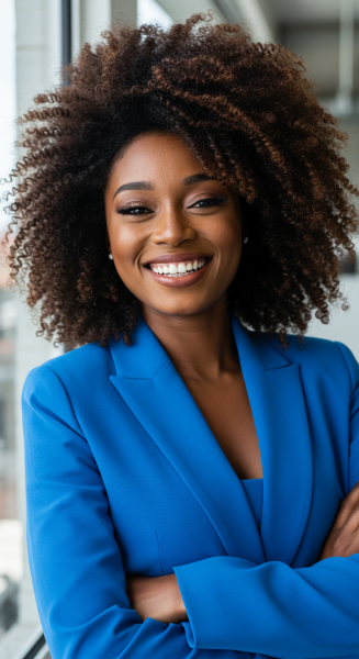 A pretty black woman with beautiful hair, wearing a blue attire with her arms folded #2