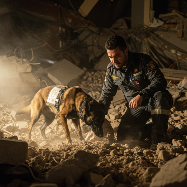 Search and rescue dog with handler searching through earthquake rubble #1