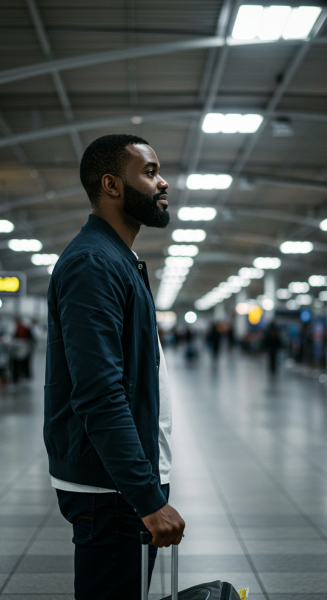 Side view of a  black man standing at the airport