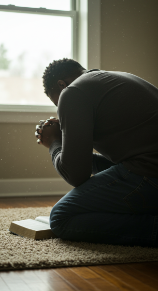 back view of a black person on their knees with their Bible and praying #2