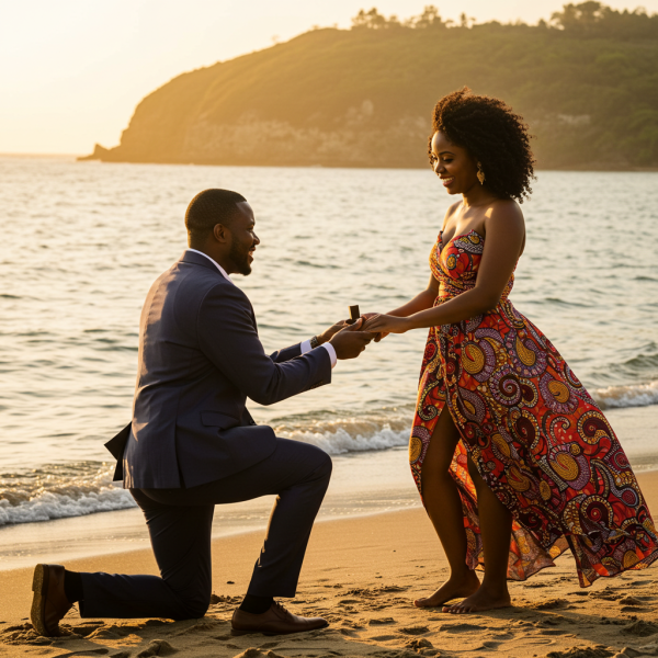 A handsome African man proposing to a beautiful African woman at the beach