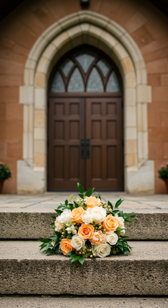 A wedding bouquet in front of a church