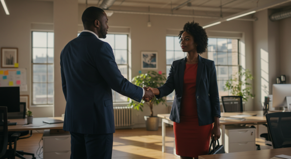 Black Businessman shaking hands with black female colleague in office