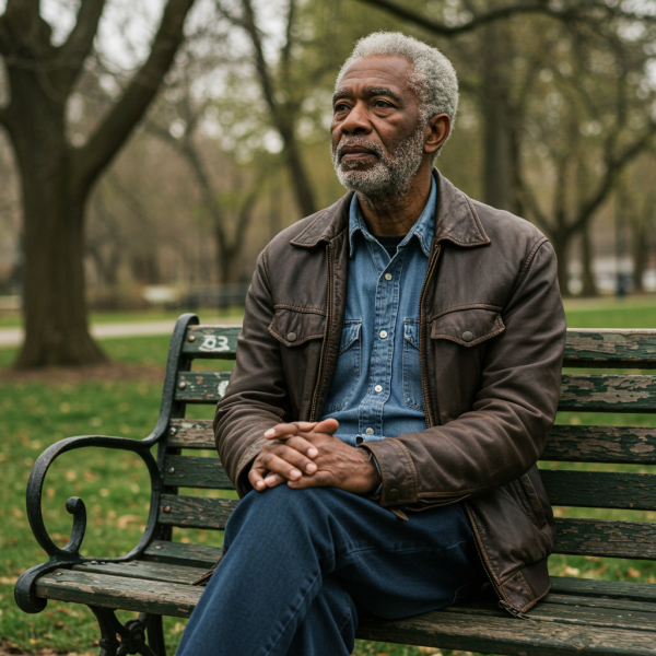 A fairly old black man sitting on a bench