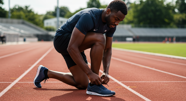 A black athlete lacing his shoe for a race