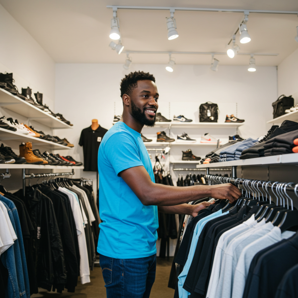 A young black man in a blue shirt working in his clothes shop