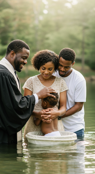 A black Pastor baptizing a black child in water, with parents #3