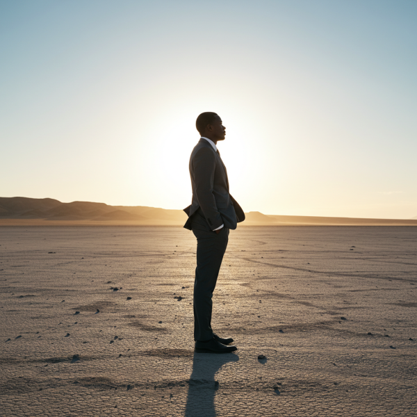 Side view of a black business man standing in the middle of nowhere