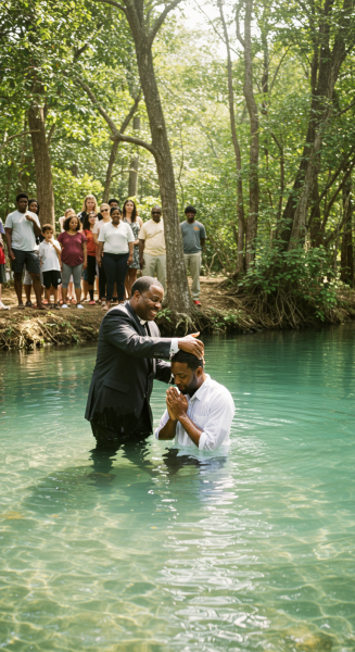 A black Pastor baptizing a man in water #2
