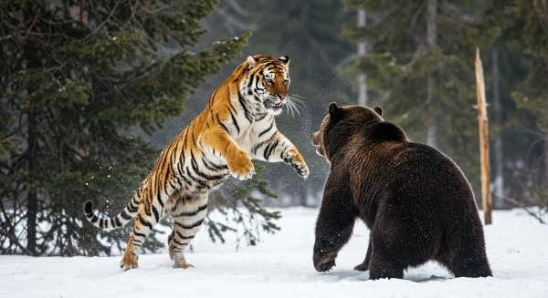 Ferocious tiger pouncing toward a massive grizzly bear, claws extended, in a snowy forest