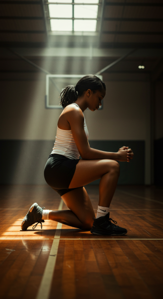 Side view of a black sportswoman on her knees praying