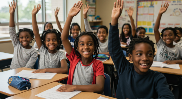 Black Students raising hands in a classroom