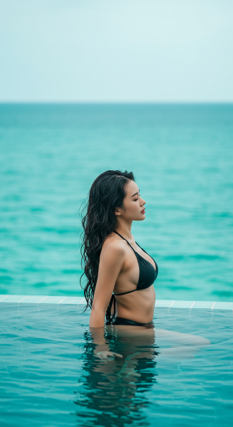 A photo of a fashion lady in a bikini in a pool