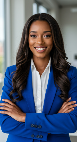 A pretty black woman with beautiful hair, wearing a blue attire with her arms folded #3