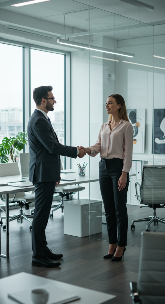 A white Businessman shaking hands with female colleague in office
