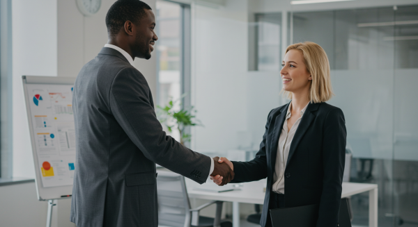 Black Businessman shaking hands with female colleague in office