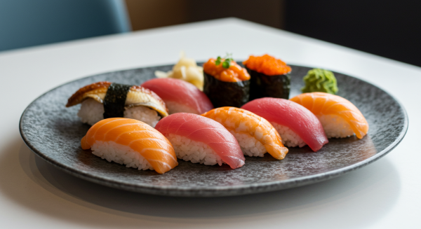 A vibrant plate of sushi beautifully arranged