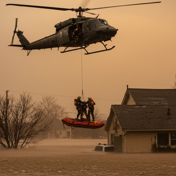Helicopter rescue team saving stranded people from a flood #1
