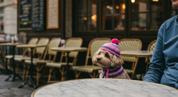 Street photography of a dog in a cute and fluffy hat