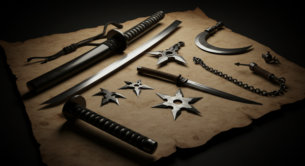 Stylized ninja weapons laid on parchment paper #3