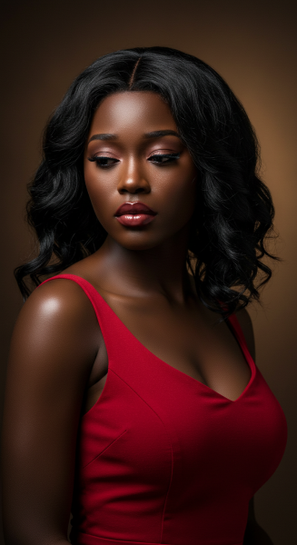 A pretty black woman in a red dress with a sad face #4