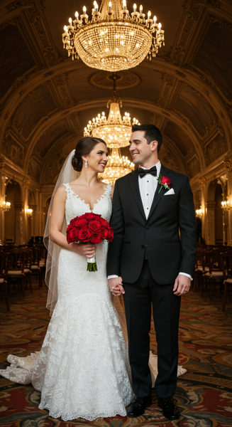 A photo of a bride holding a red bouquet and groom at a wedding