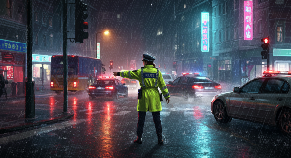 Policewoman directing traffic during a heavy rainstorm #5