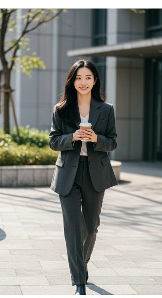 An Asian lady dressed in a suit walking with a cup of coffee #1