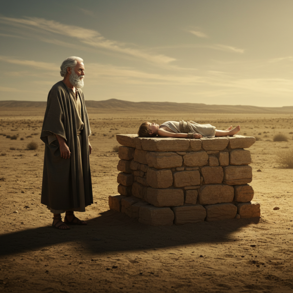 A photo of old Abraham standing by an altar with young Isaac lying on the altar as told in the Bible