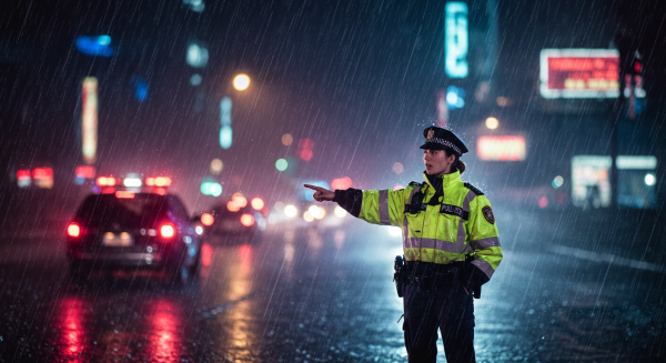 Policewoman directing traffic during a heavy rainstorm #6