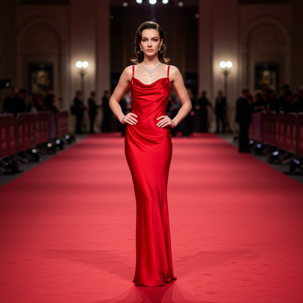 A fashion lady in red standing on a red carpet