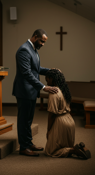 A Black Pastor praying for a young woman on her knees #1